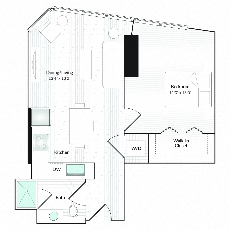 Floor plan for 1 bed, 1 bath, 703 sqft